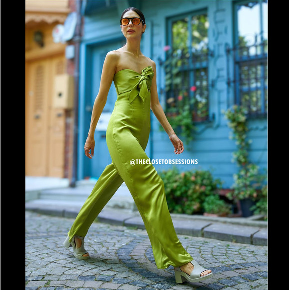 ZARA Strapless Wide-Leg Jumpsuit NWT | Bow Detail Cutout Green M - Picture 5 of 16